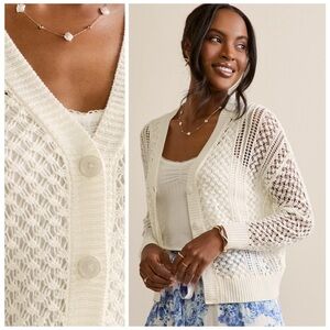 FRANCESCA’S NWT L Dianna Pointelle Cardigan in Ivory • Romantic Open Knit Cream